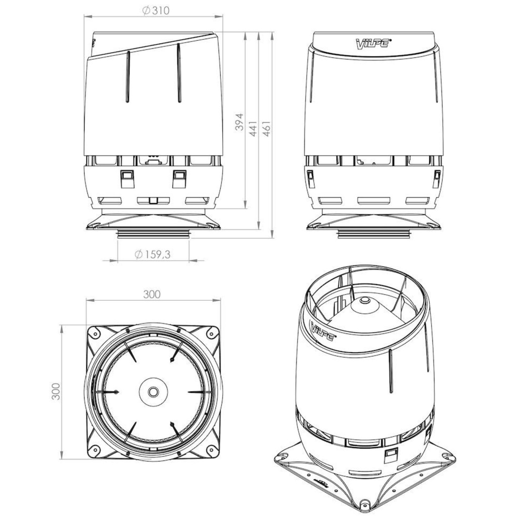 Vilpe Ventilation Cap FLOW 160S + Mounting Plate 300x300