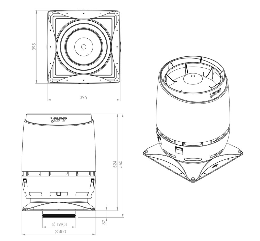 Vilpe Ventilation Head FLOW 200S + Mounting Plate 400x400