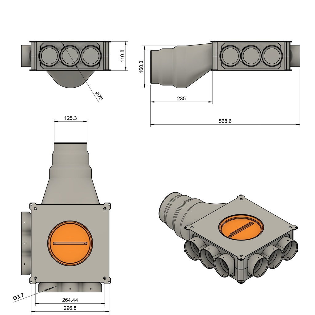 Distributor 6x75 horizontal connection 125/160