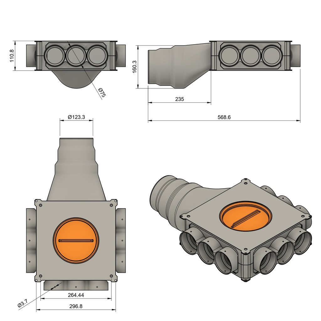 Distributor 9x75 horizontal connection 125/160
