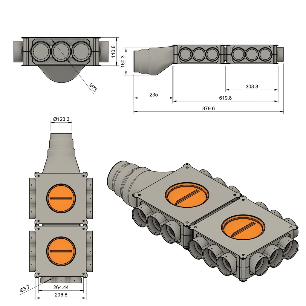 Distributor 15x75 3-sided, horizontal connection 125/160