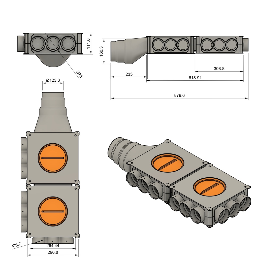 Distributor 9x75 2-sided, horizontal connection 125/160